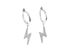 14KT White Gold Round Diamond Lightning Bolt Charm Hoop Earrings