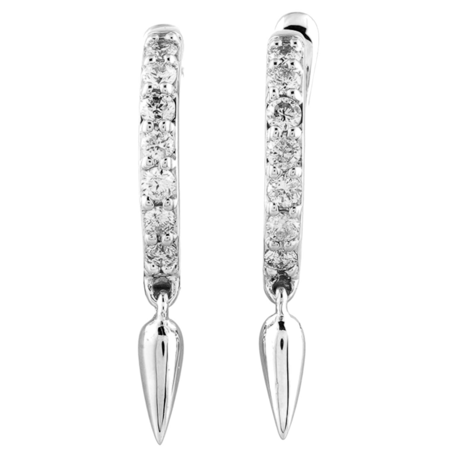 14KT White Gold Round Diamond Modern Spike Pave Huggie Hoop Earrings For Sale