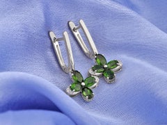 14KT White Gold Round Diamond & Oval Chrome Diopside Bloom Drop Earrings