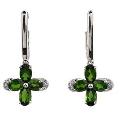 14KT White Gold Round Diamond & Oval Chrome Diopside Bloom Drop Earrings