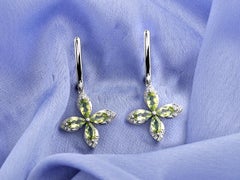 14KT White Gold Round Diamond Peridot Petal Marquise Drop Earrings