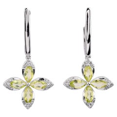 14KT White Gold Round Diamond Peridot Petal Marquise Drop Earrings