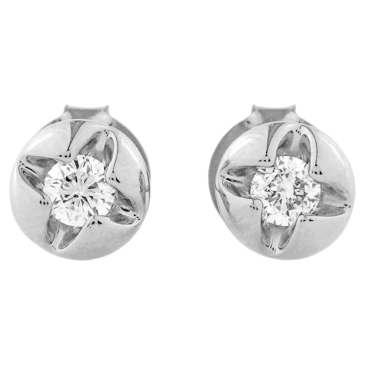 14KT White Gold Round Diamond Solitaire Starburst Gold Orb Stud Earring For Sale
