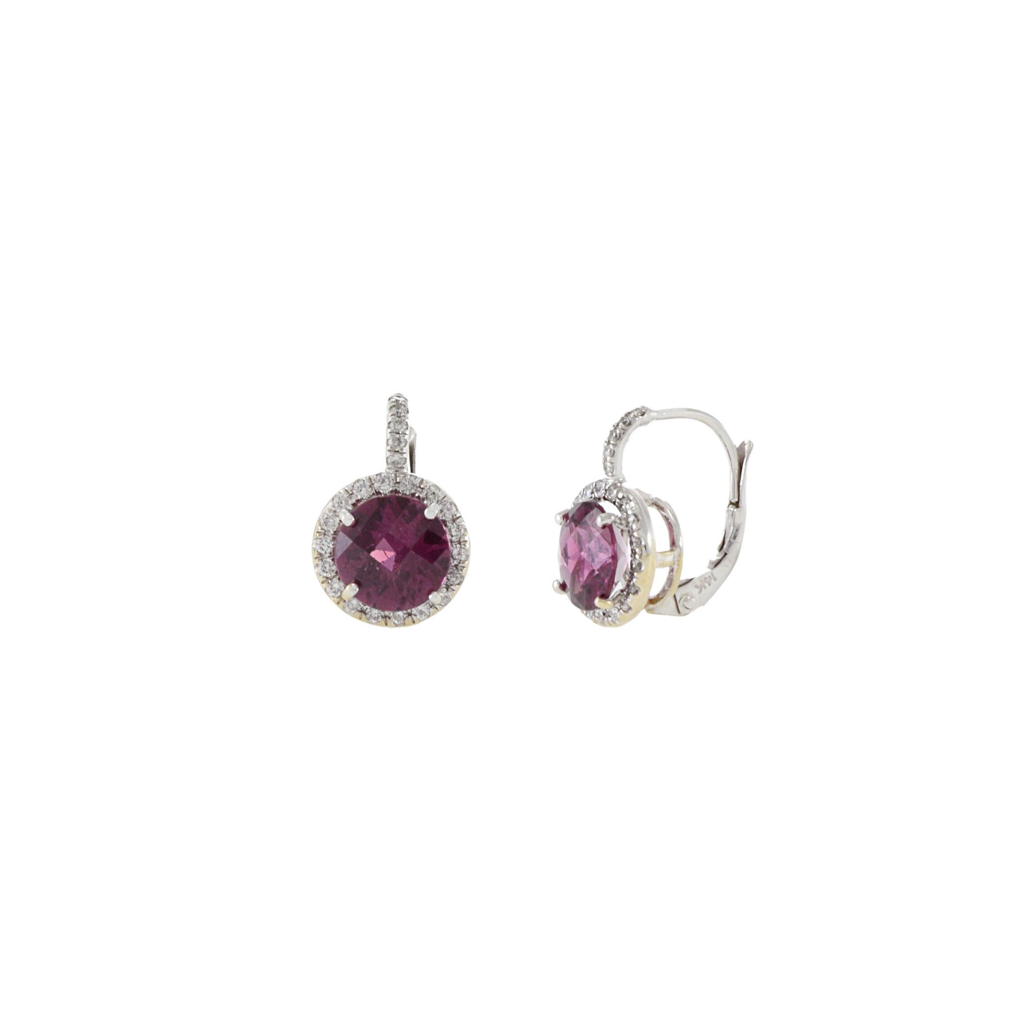 Round Cut 14KT White Gold Rubellite Tourmaline And Diamond Earrings For Sale
