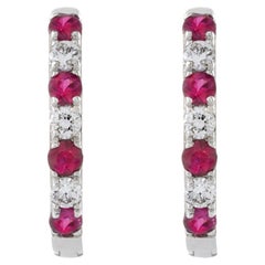 14KT White Gold Ruby And Diamond Huggie Earrings