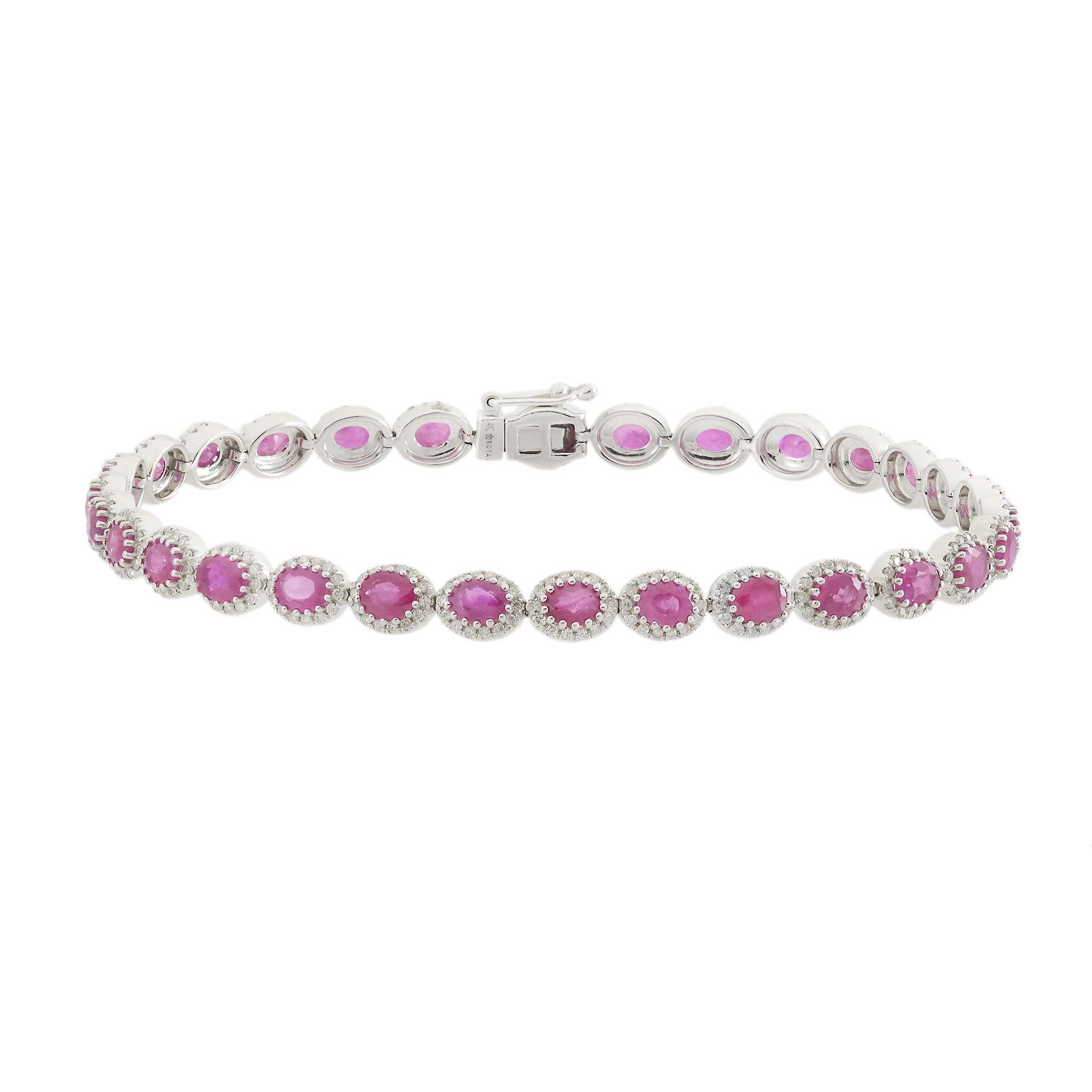 Pulsera de Tenis de Oro Blanco de 14 KT con Rubíes y Diamantes Corte oval en venta