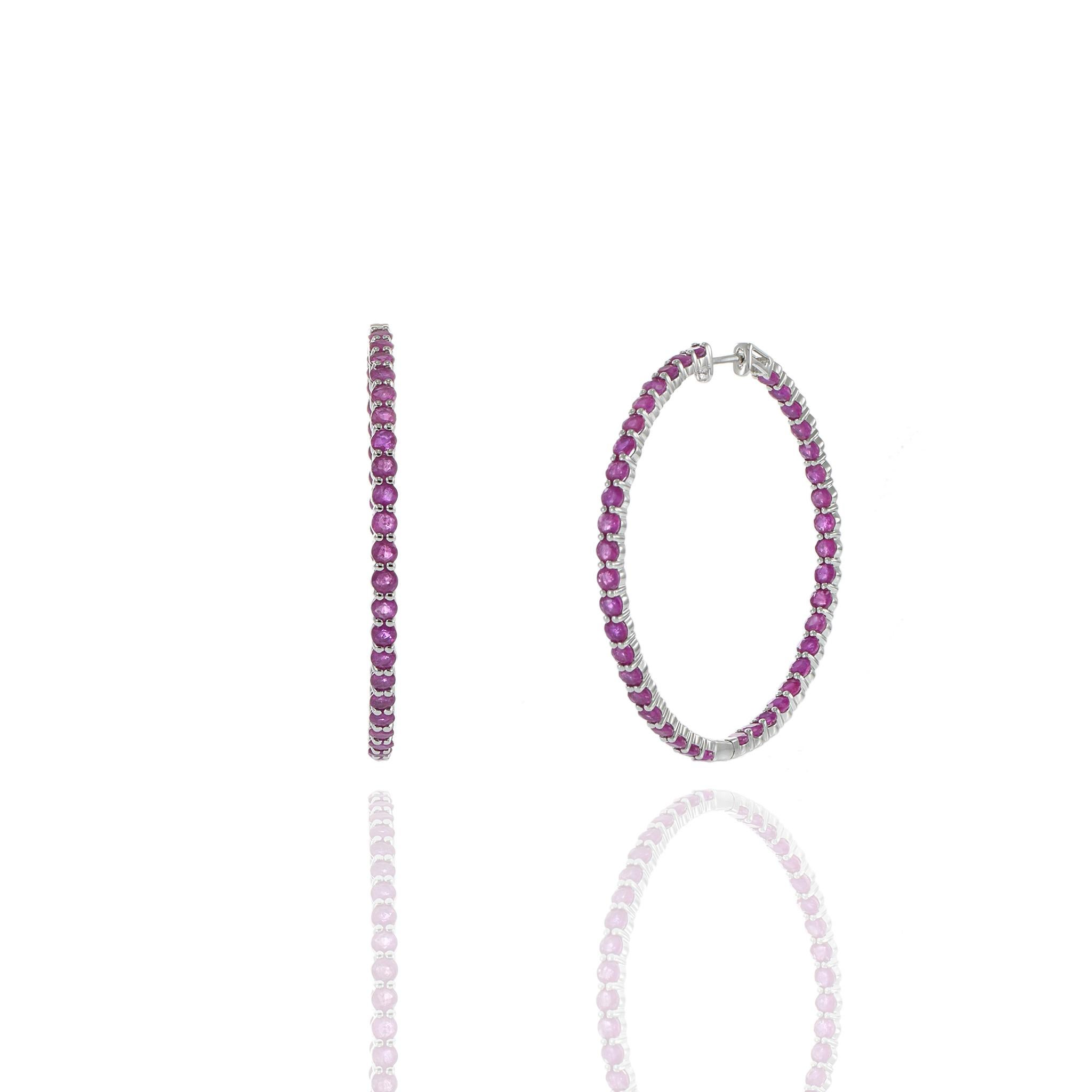 Pendientes de aro de rubí de oro blanco de 14 quilates en Nuevo estado para la venta en New York, NY