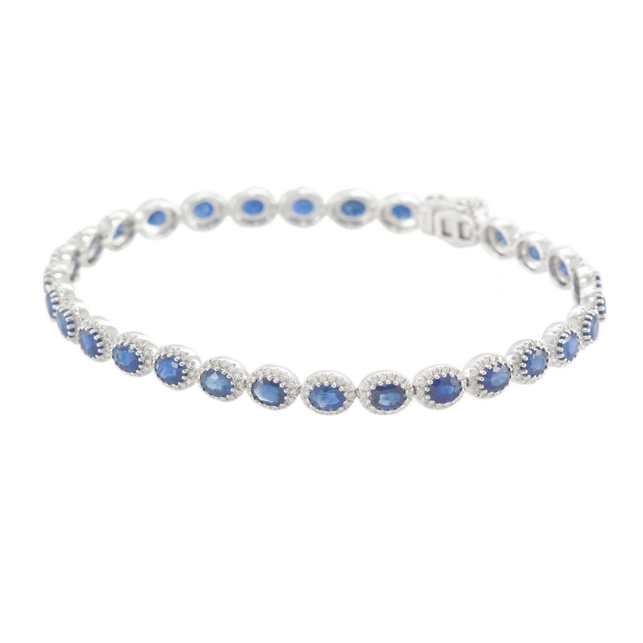 Oval Cut 14KT White Gold Sapphire and Diamond Tennis Bracelet For Sale