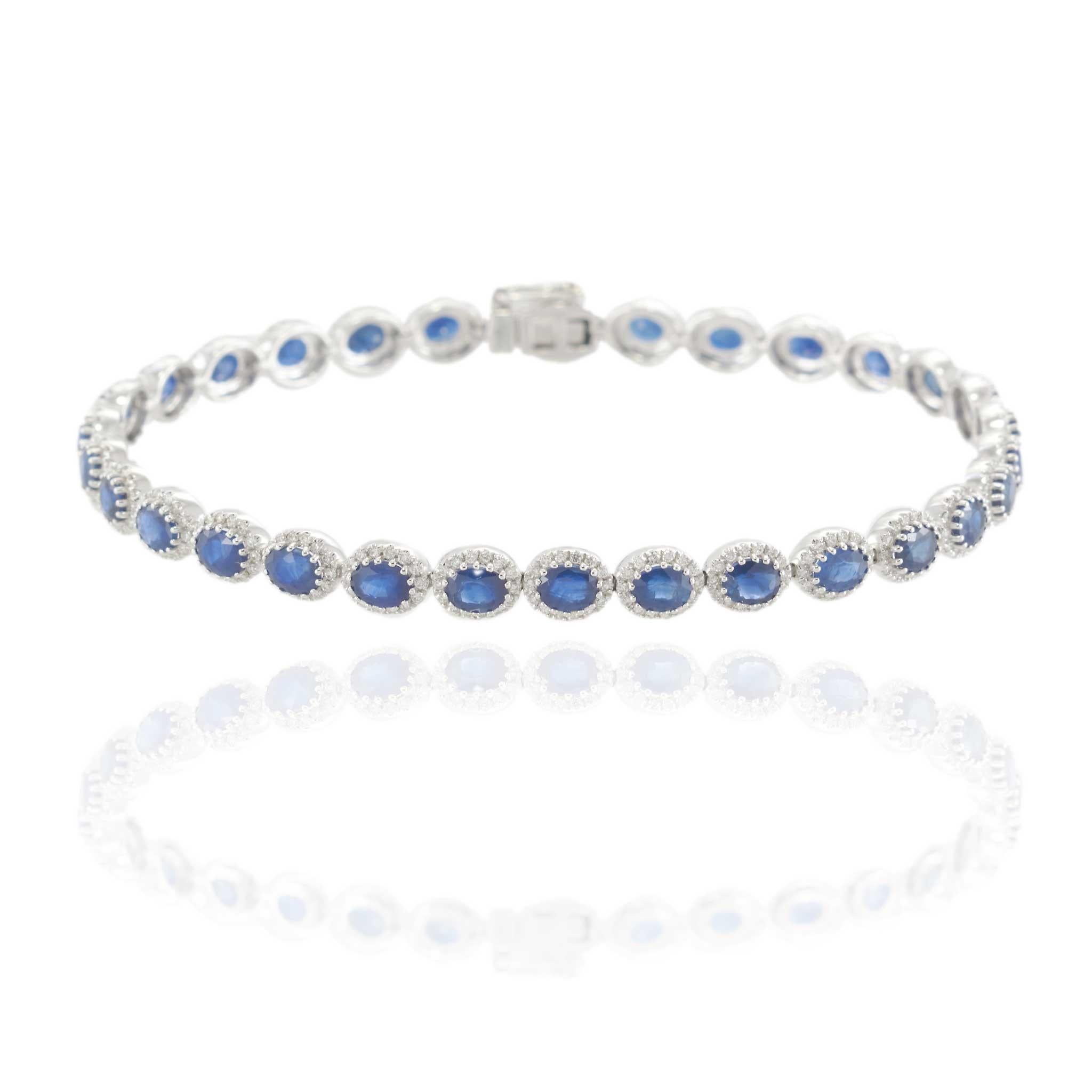 14KT White Gold Sapphire and Diamond Tennis Bracelet In New Condition For Sale In New York, NY