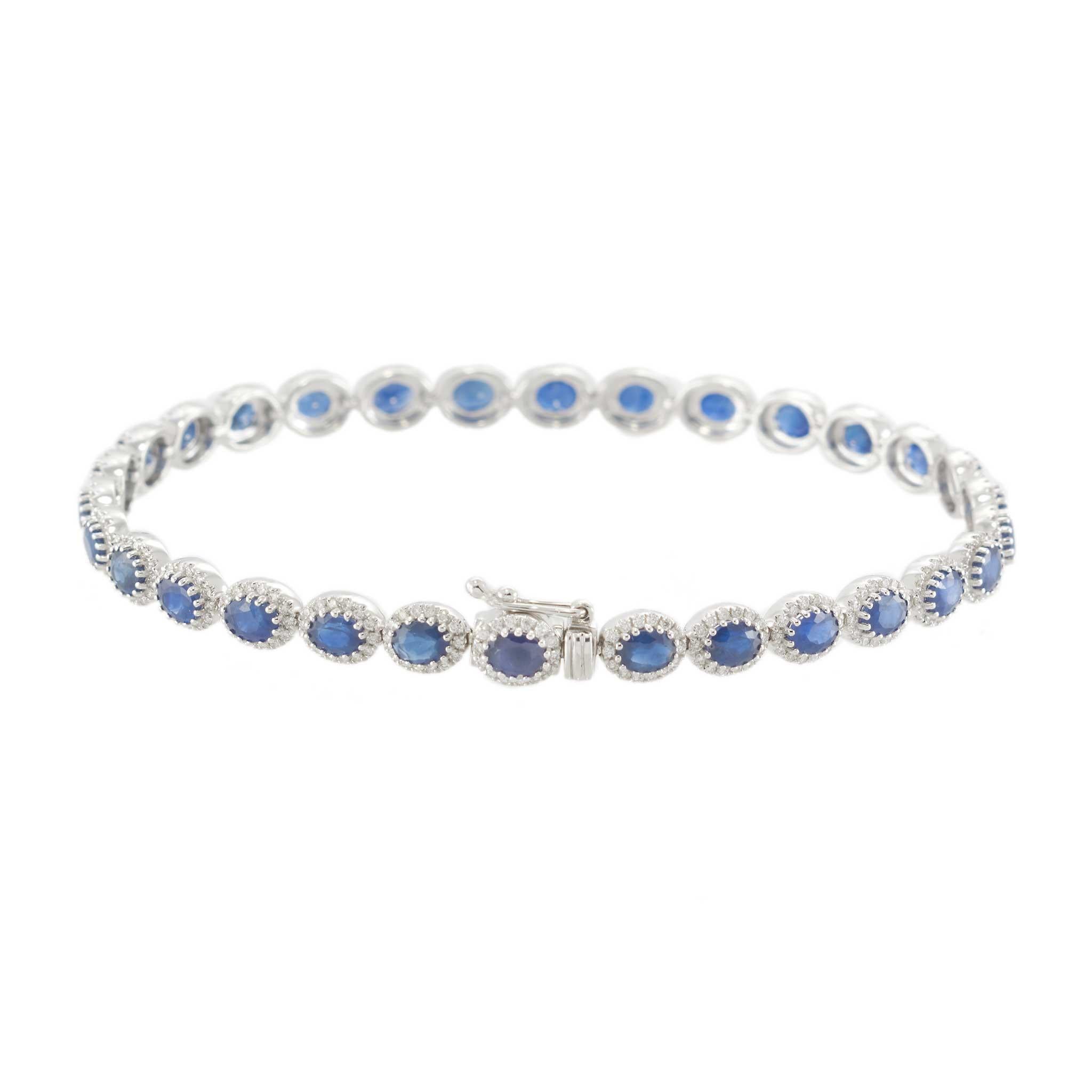 Women's 14KT White Gold Sapphire and Diamond Tennis Bracelet For Sale