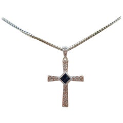 14kt White Gold Sapphire & Diamond Cross Pendant, w/ Chain, .25cttw  Italian