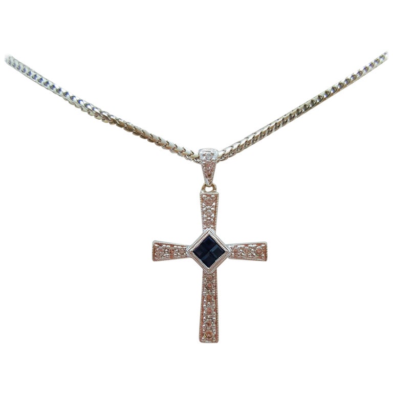14kt White Gold Sapphire and Diamond Cross Pendant, w/ Chain, .25cttw