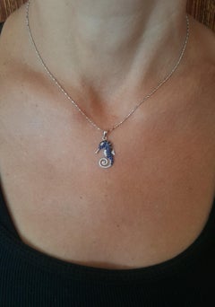 14 Karat White Gold Seahorse Pendant, Sapphires .30 Carat and Diamonds .12 Carat