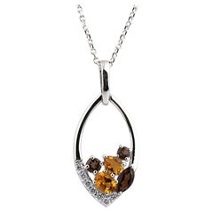 Pendentif grappe en or blanc 14KT quartz fumé et citrine avec diamant naturel