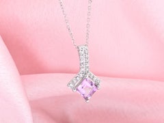 14KT White Gold Square Amethyst and Diamond Drop Pendant