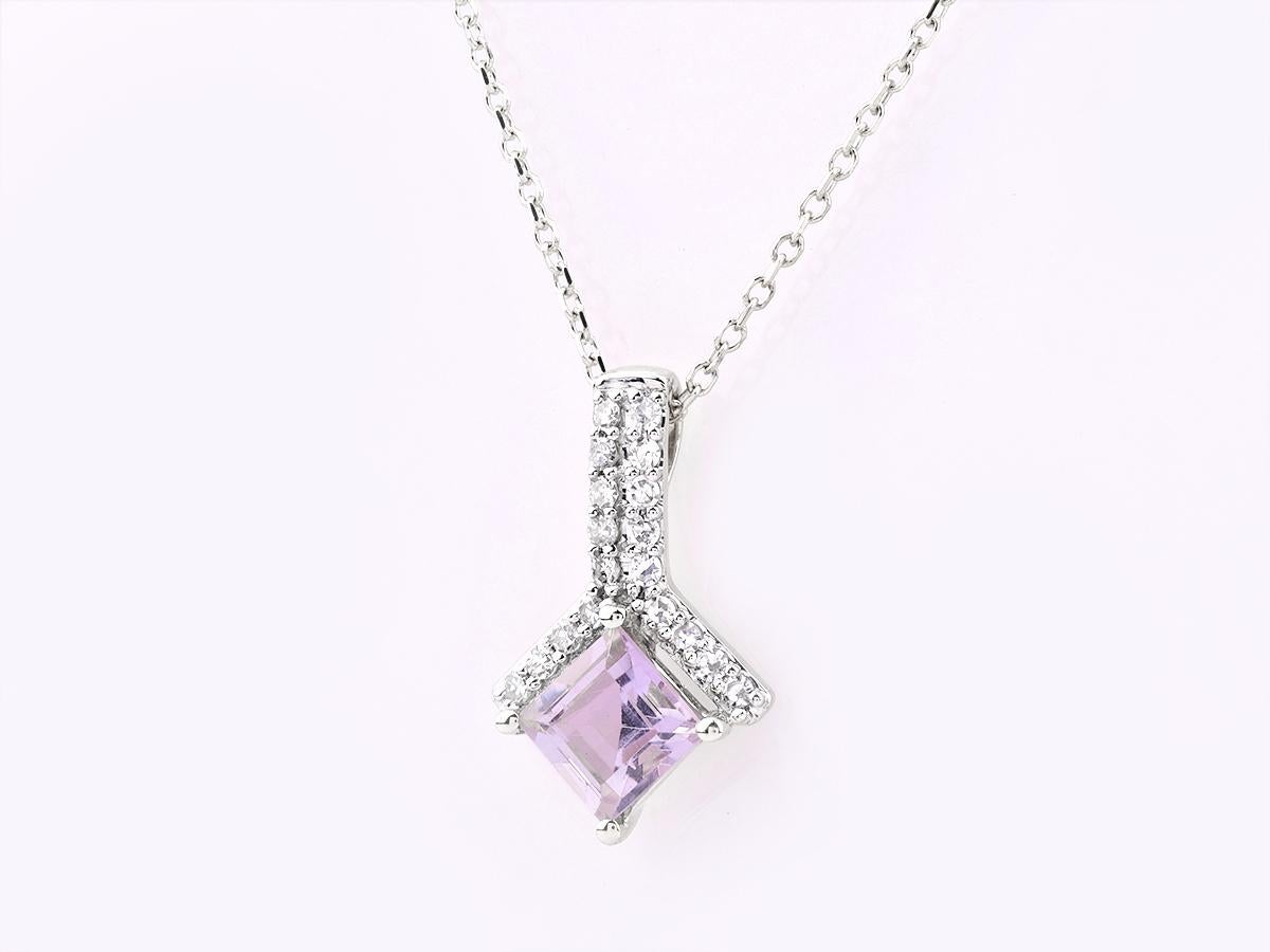 Pendentif pendentif carré en or blanc 14KT avec améthyste et diamant Pour femmes en vente
