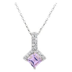 14KT White Gold Square Amethyst and Diamond Drop Pendant