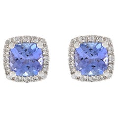 14KT White Gold Square Earrings with Round Cut Diamonds and Tanzanite 14KT White Gold Square Earrings with Round Cut Diamonds and Tanzanite