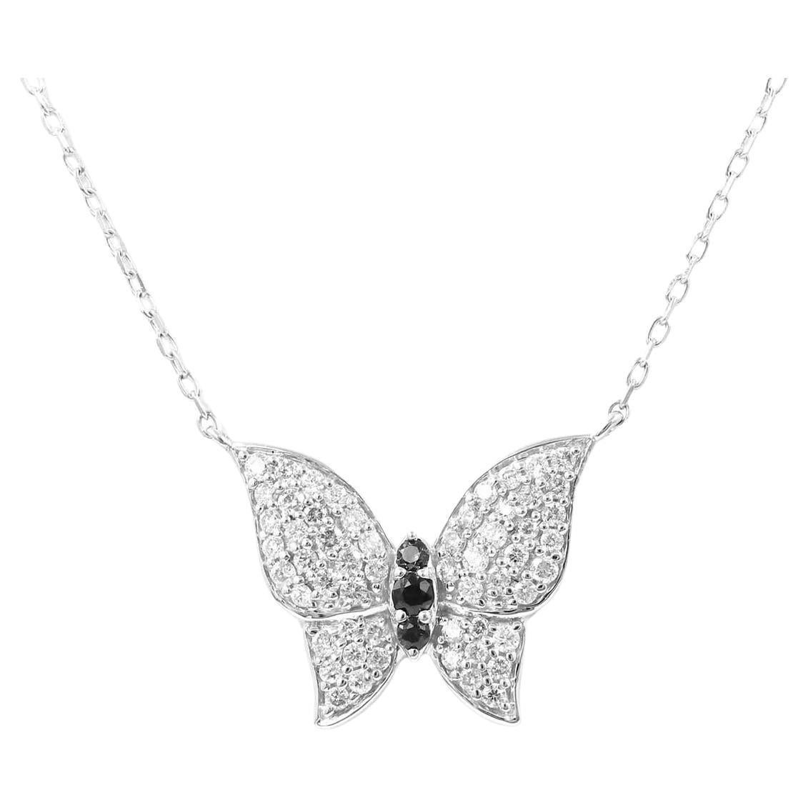 Collier papillon en or blanc 14KT, saphir bleu et diamant blanc