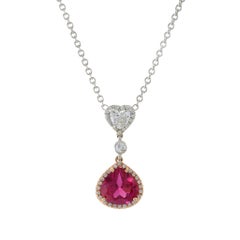 14KT White Gold Synthetic Ruby And Diamond Drop Necklace