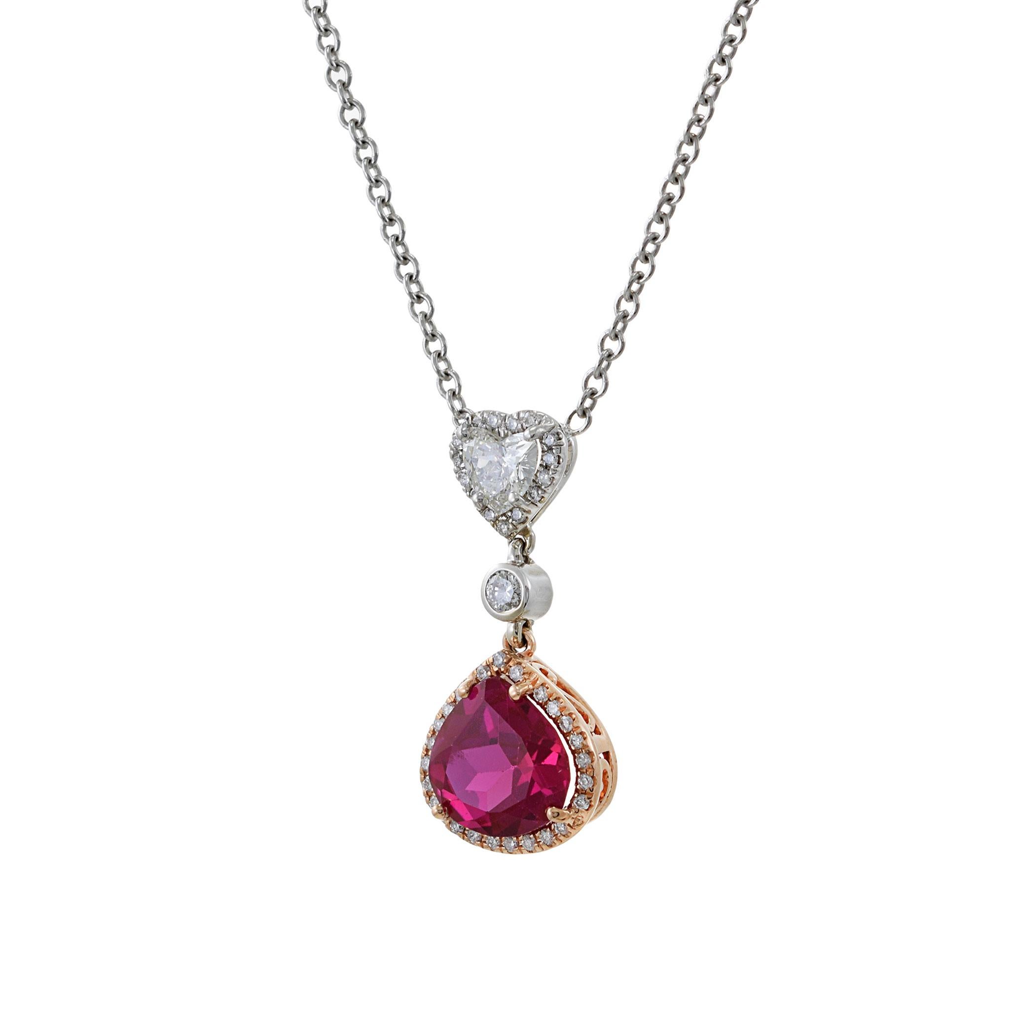 Collar de gota de rubí sintético y diamantes de oro blanco de 14 quilates Moderno en venta