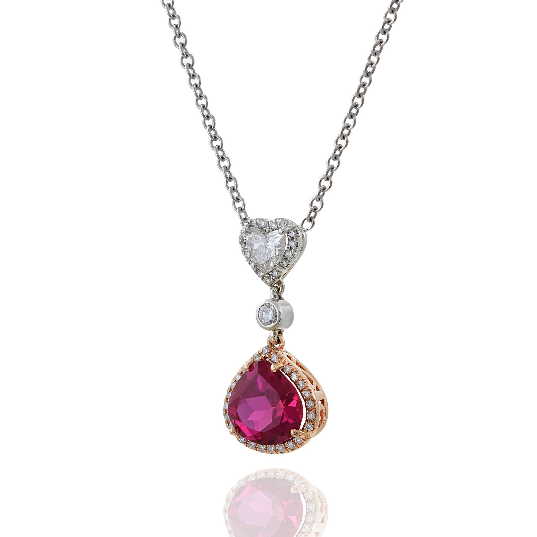 Collar de gota de rubí sintético y diamantes de oro blanco de 14 quilates Corte de corazón en venta