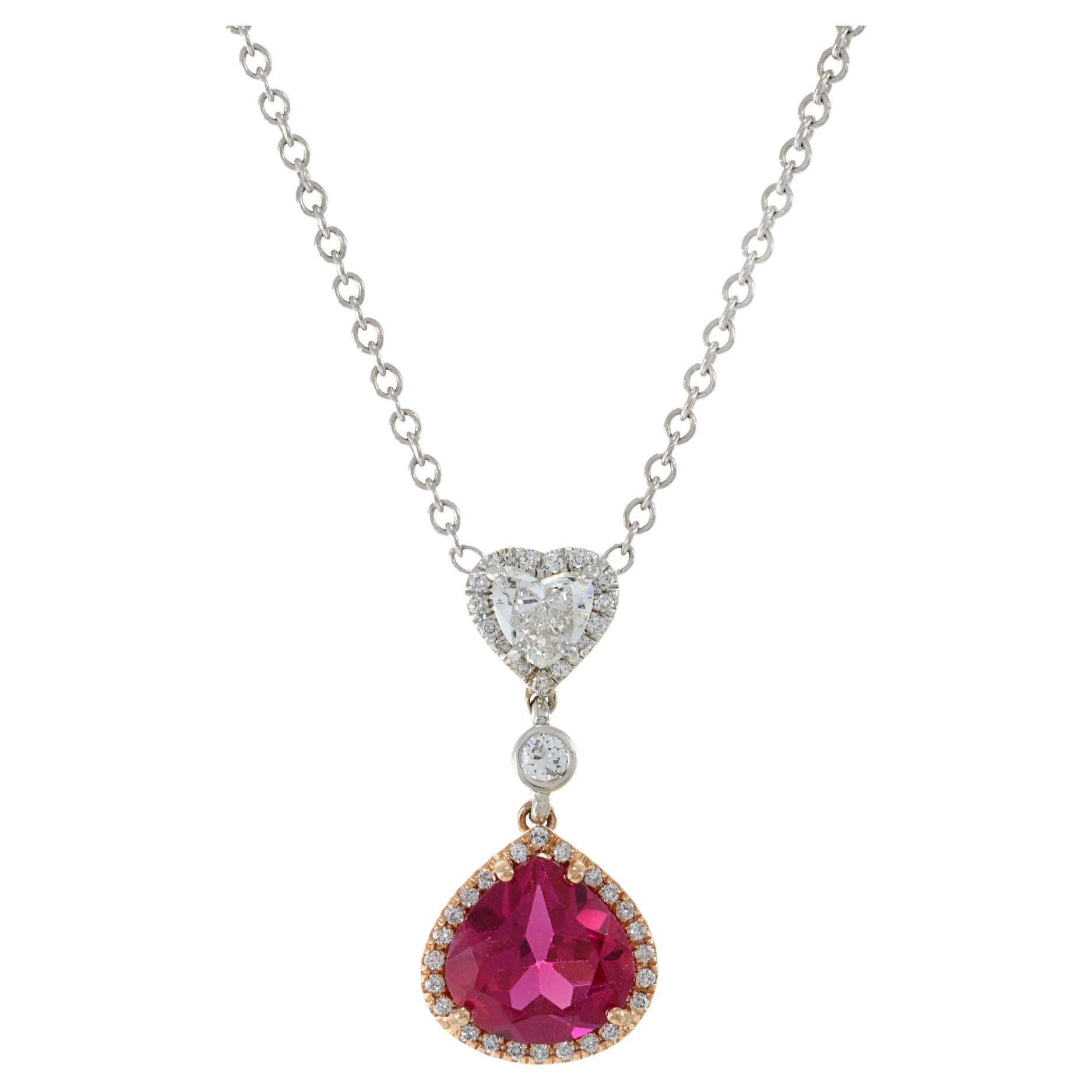 Collar de gota de rubí sintético y diamantes de oro blanco de 14 quilates en venta