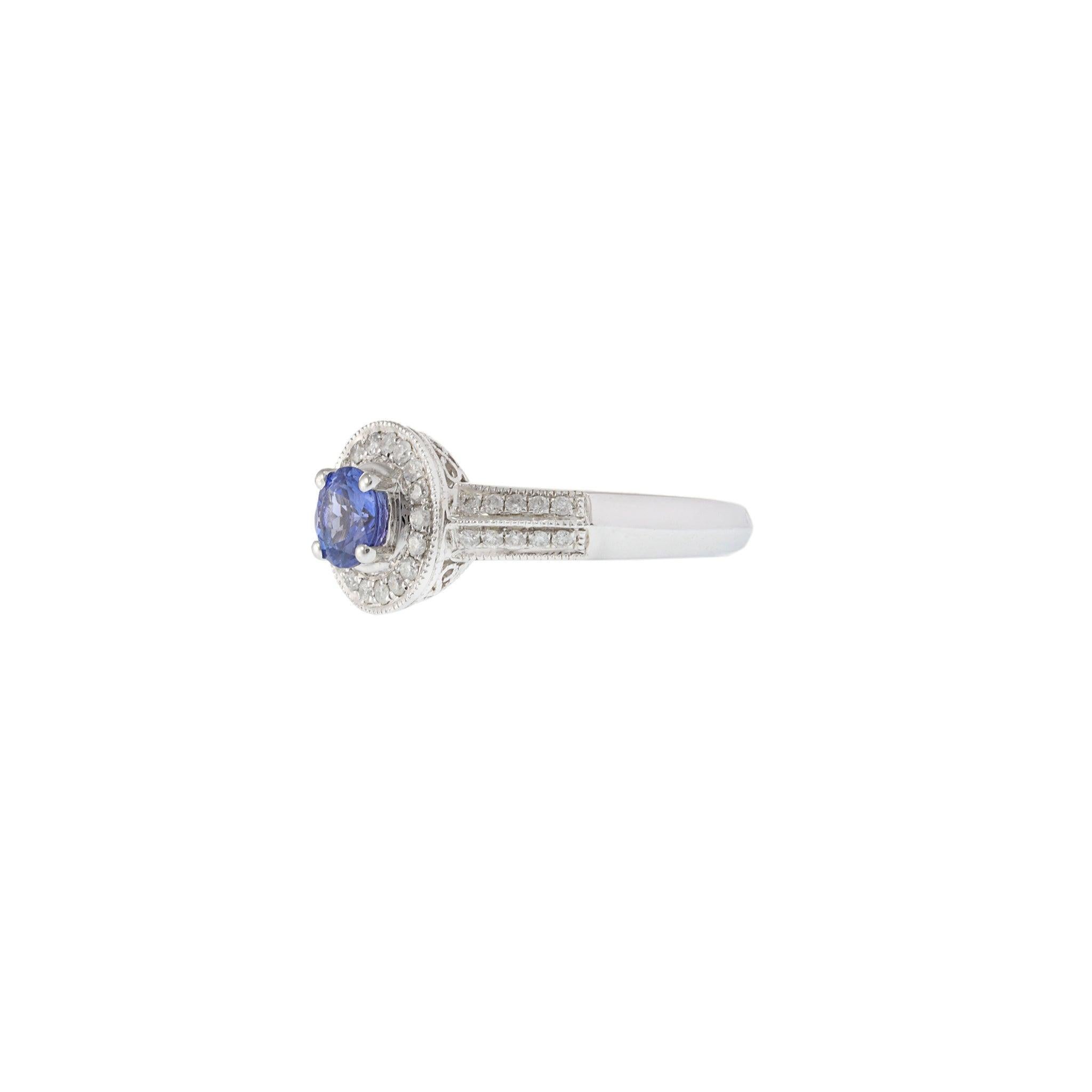Round Cut 14KT White Gold Tanzanite and Diamond Halo Ring For Sale