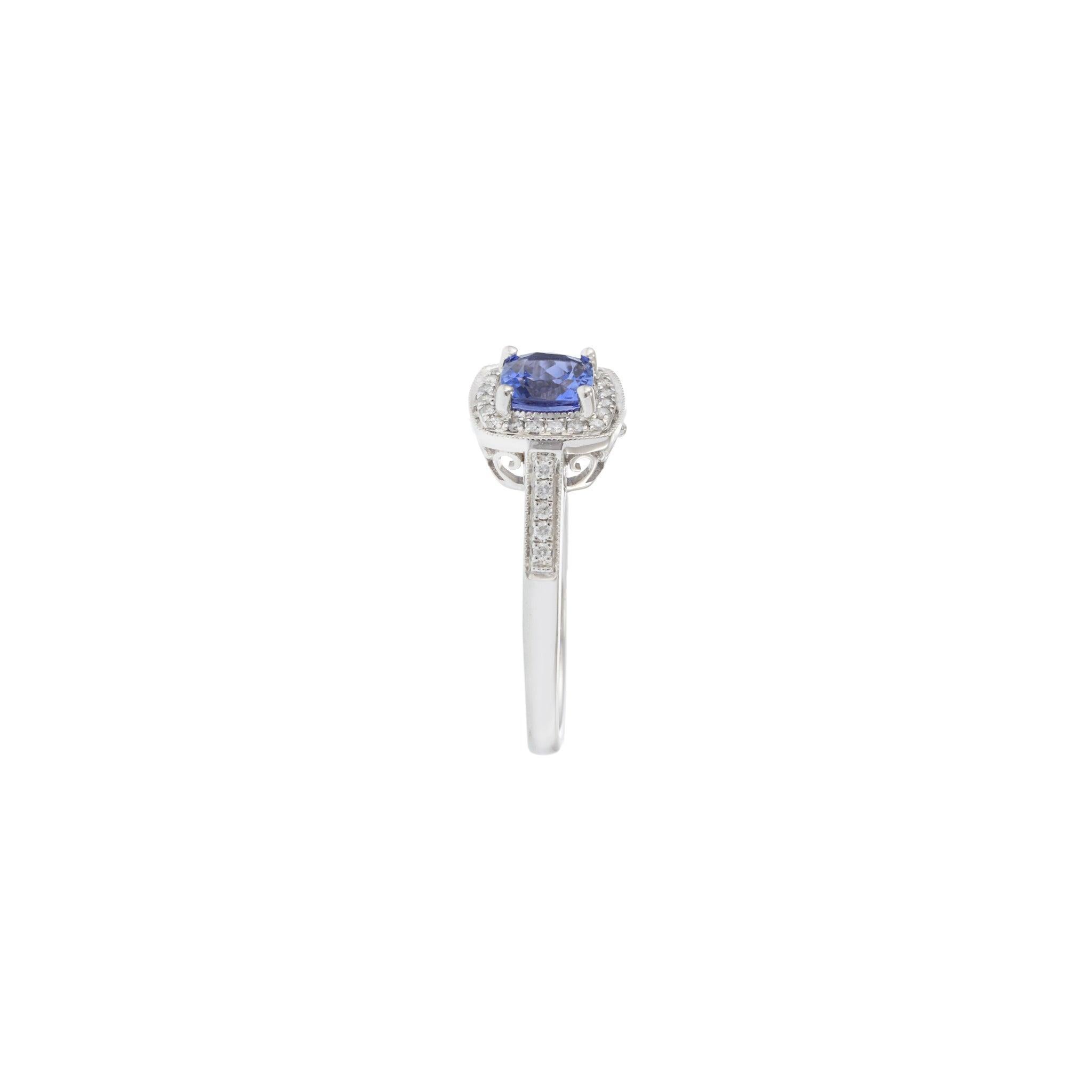 Cushion Cut 14KT White Gold Tanzanite and Diamond Halo Ring For Sale