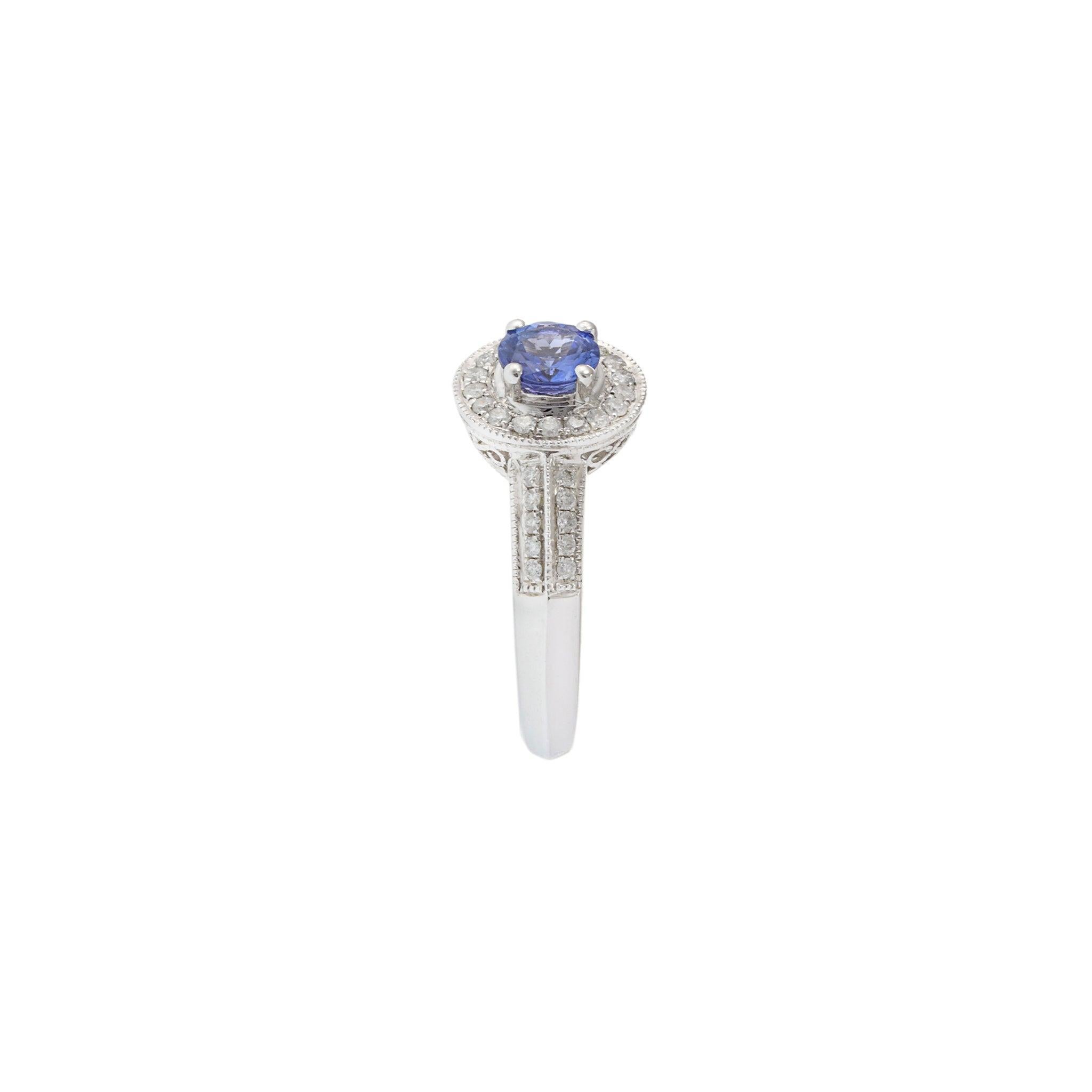 Women's 14KT White Gold Tanzanite and Diamond Halo Ring For Sale
