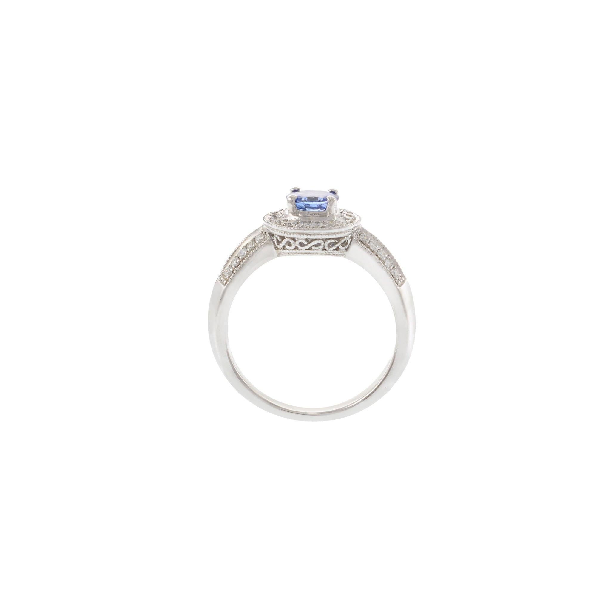 14KT White Gold Tanzanite and Diamond Halo Ring For Sale 1