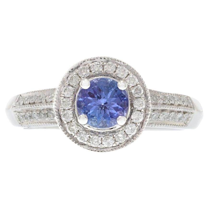 14KT White Gold Tanzanite and Diamond Halo Ring For Sale