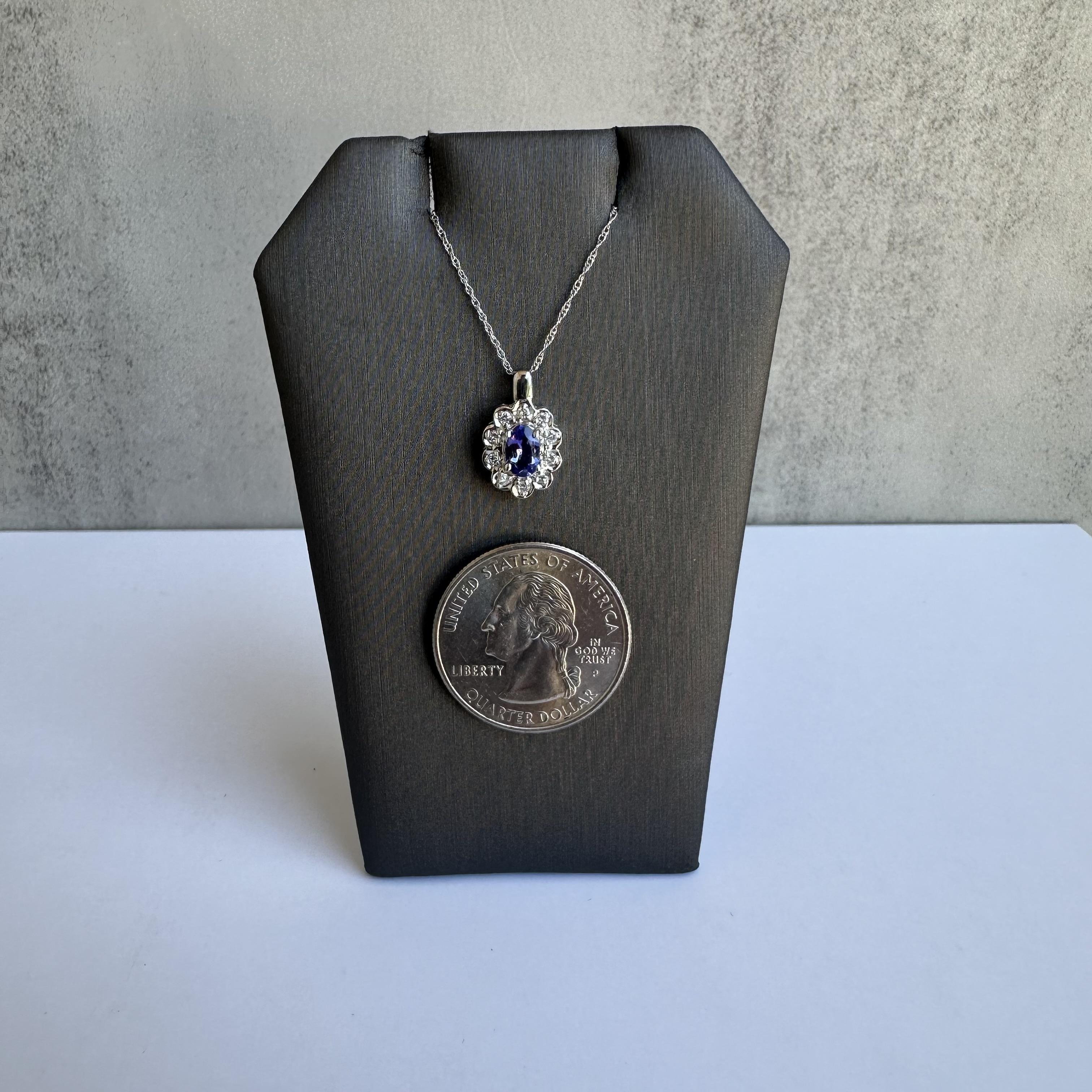 14kt White Gold Tanzanite and Diamond Necklace - 0.55ctw Tanzanite, 0.15ctw Dia In New Condition In West Hempstead, NY