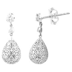 14KT White Gold Teardrop Dangle Earrings with Honeycomb Filigree Design