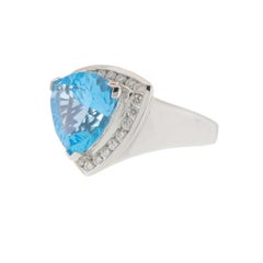 14KT White Gold Trillion Cut 6.15CT Blue Topaz and Diamond Halo Ring