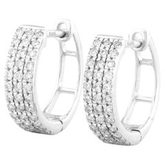 14KT White Gold Triple Row Pave Diamond Huggie Hoop Earrings