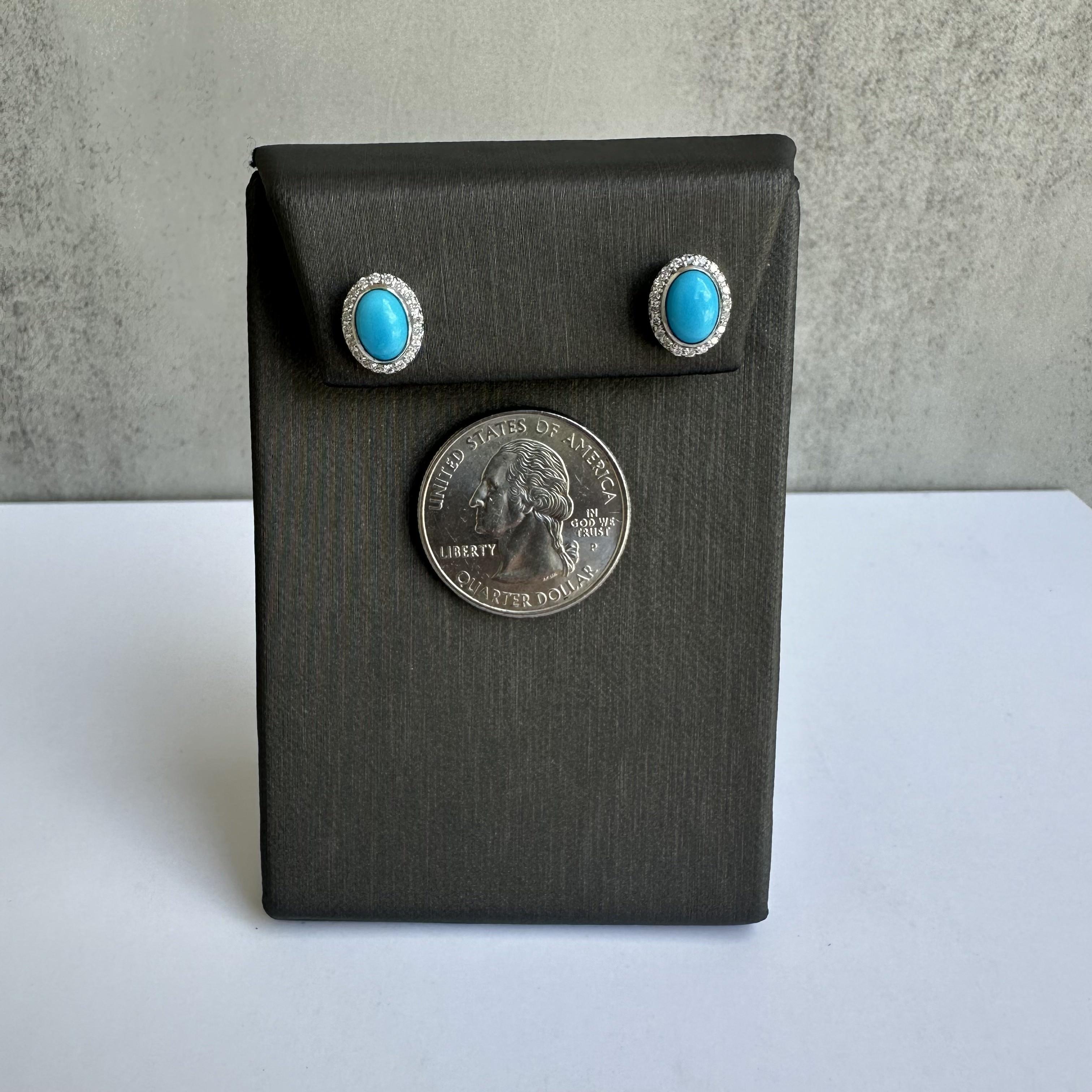 14kt White Gold Turquoise and Diamond Studs -1.60ctw Turquoise, 0.20ctw Dia, New In New Condition For Sale In West Hempstead, NY