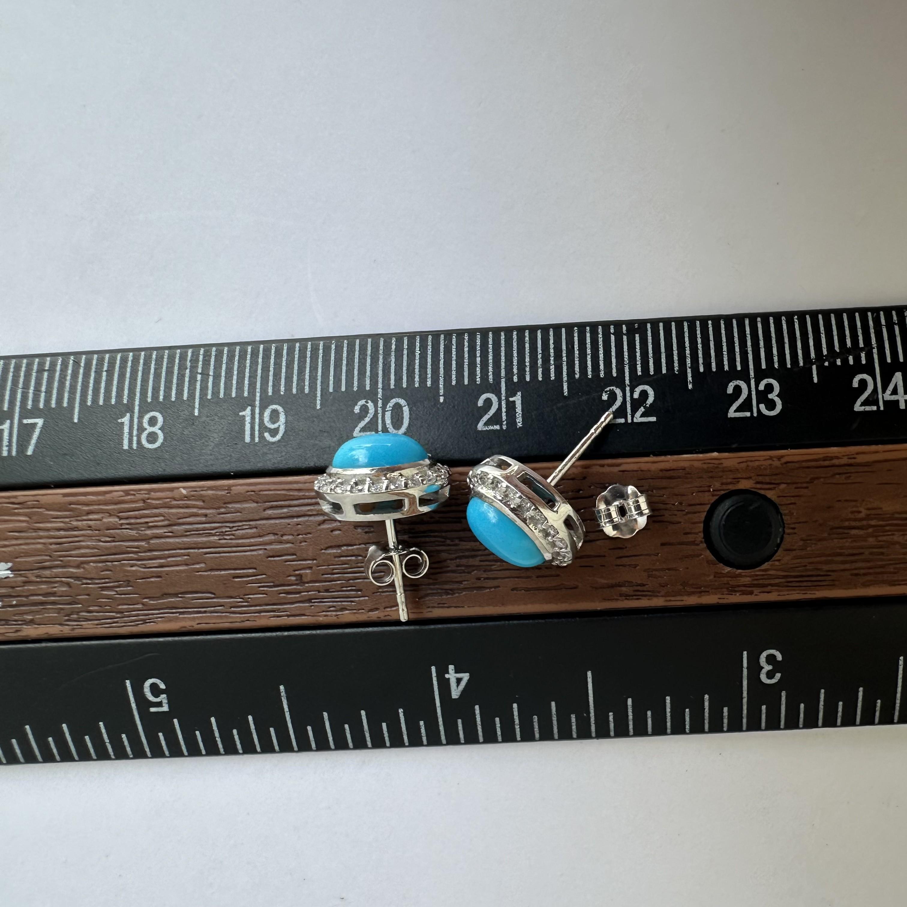 Women's 14kt White Gold Turquoise and Diamond Studs -1.60ctw Turquoise, 0.20ctw Dia, New For Sale