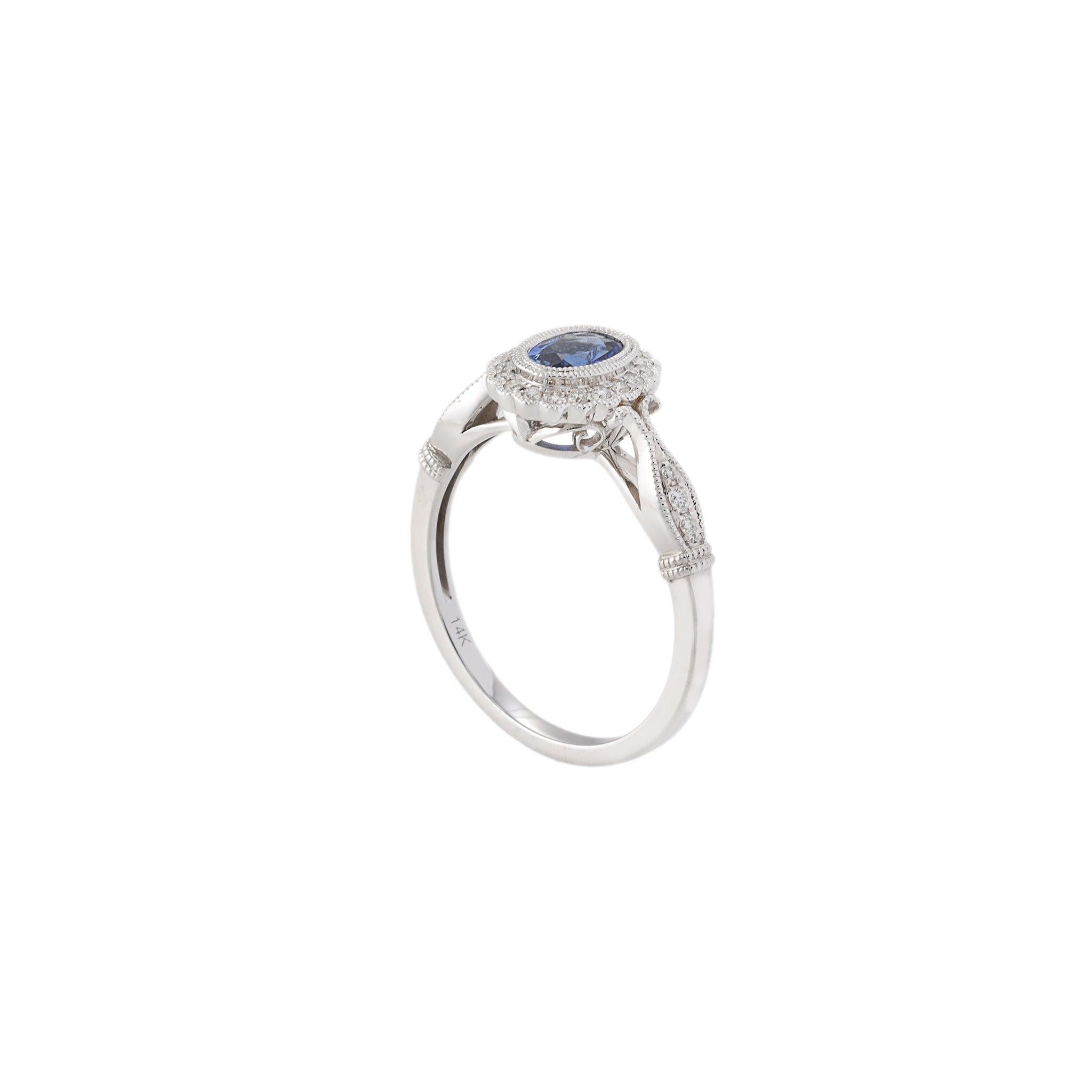 Oval Cut 14KT White Gold Vintage-Inspired Oval Sapphire and Diamond Ring For Sale