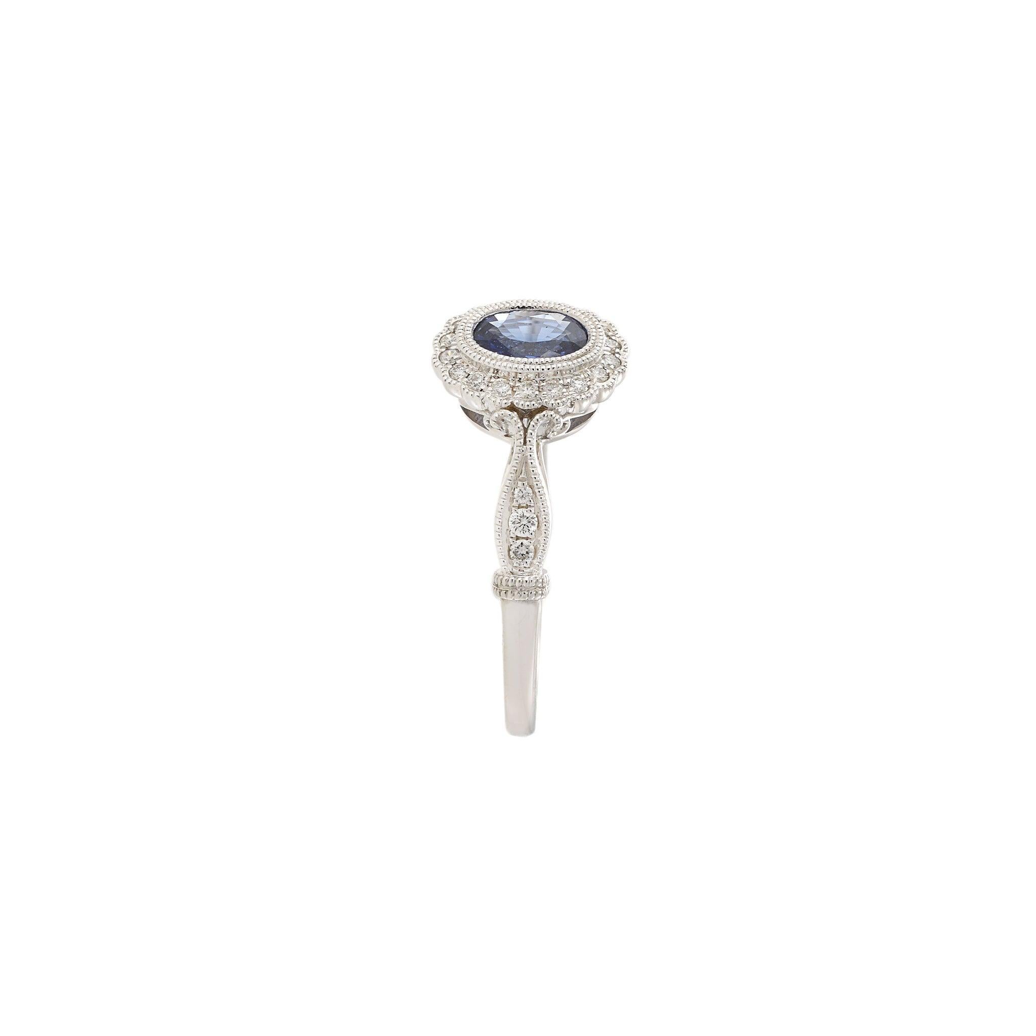 14KT White Gold Vintage-Inspired Oval Sapphire and Diamond Ring In New Condition For Sale In New York, NY