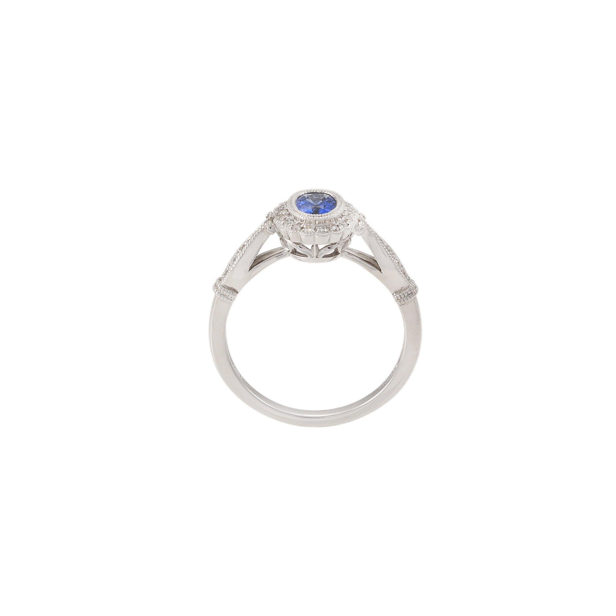 Women's 14KT White Gold Vintage-Inspired Oval Sapphire and Diamond Ring For Sale