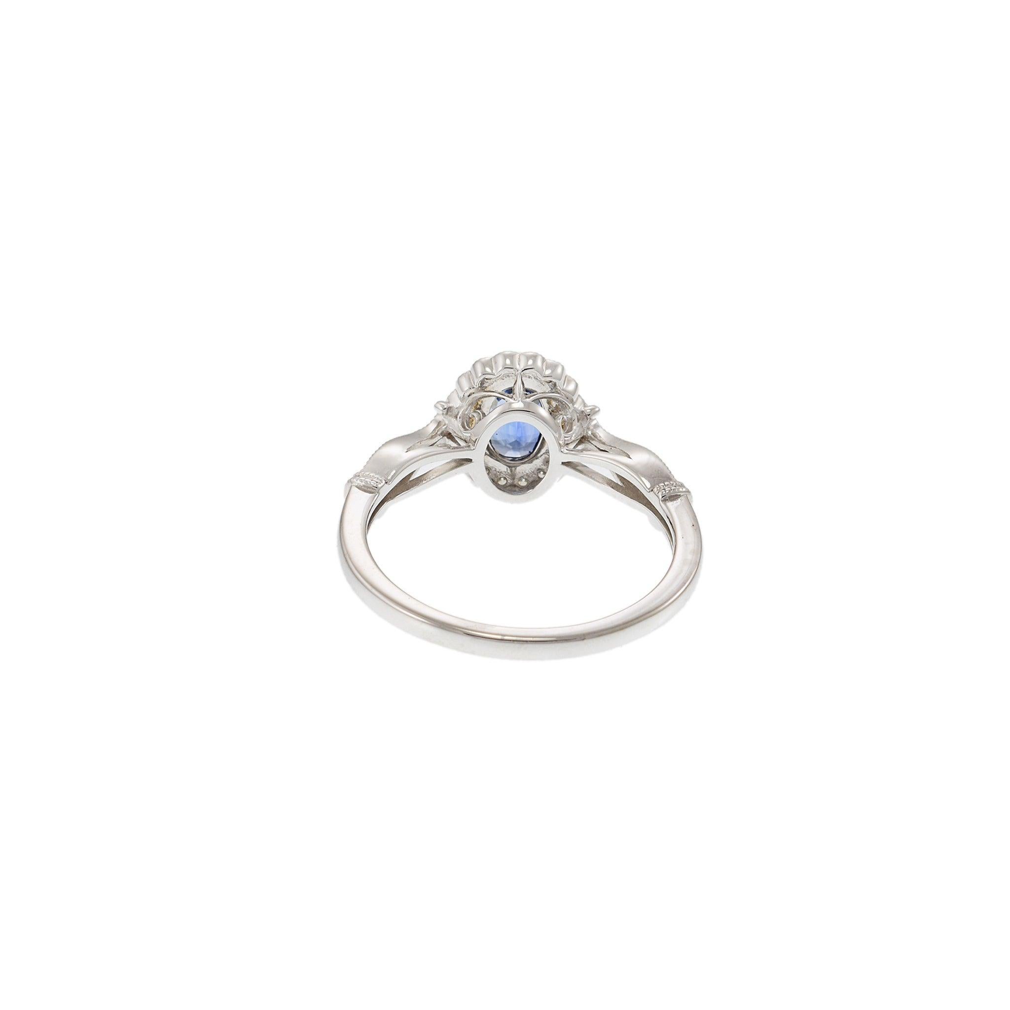 14KT White Gold Vintage-Inspired Oval Sapphire and Diamond Ring For Sale 1