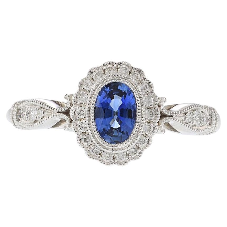14KT White Gold Vintage-Inspired Oval Sapphire and Diamond Ring