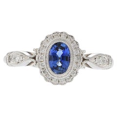 14KT White Gold Vintage-Inspired Oval Sapphire and Diamond Ring