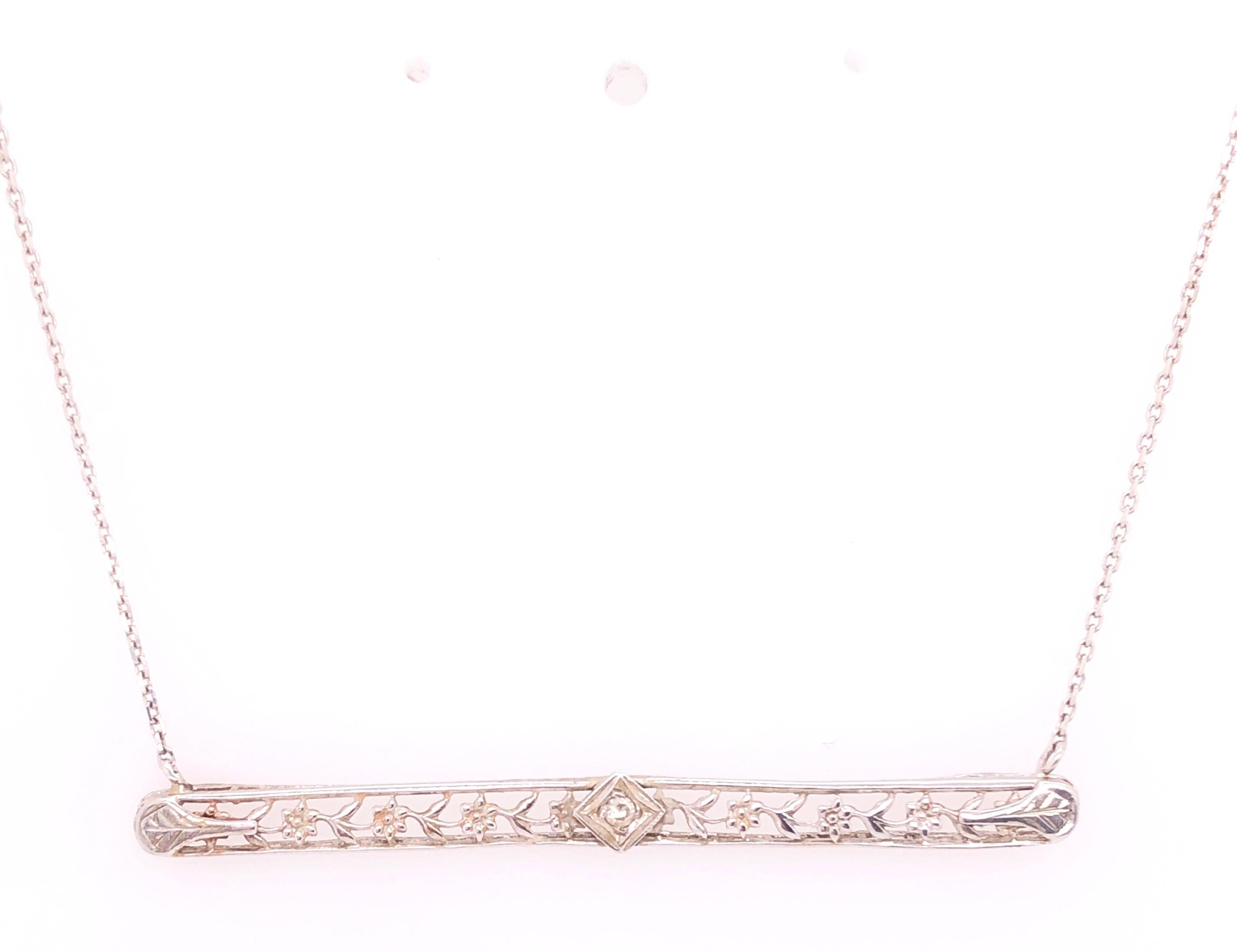 Women's or Men's 14 Karat White Gold with Center Diamond Bar Pendant Necklace 0.05 TDW For Sale