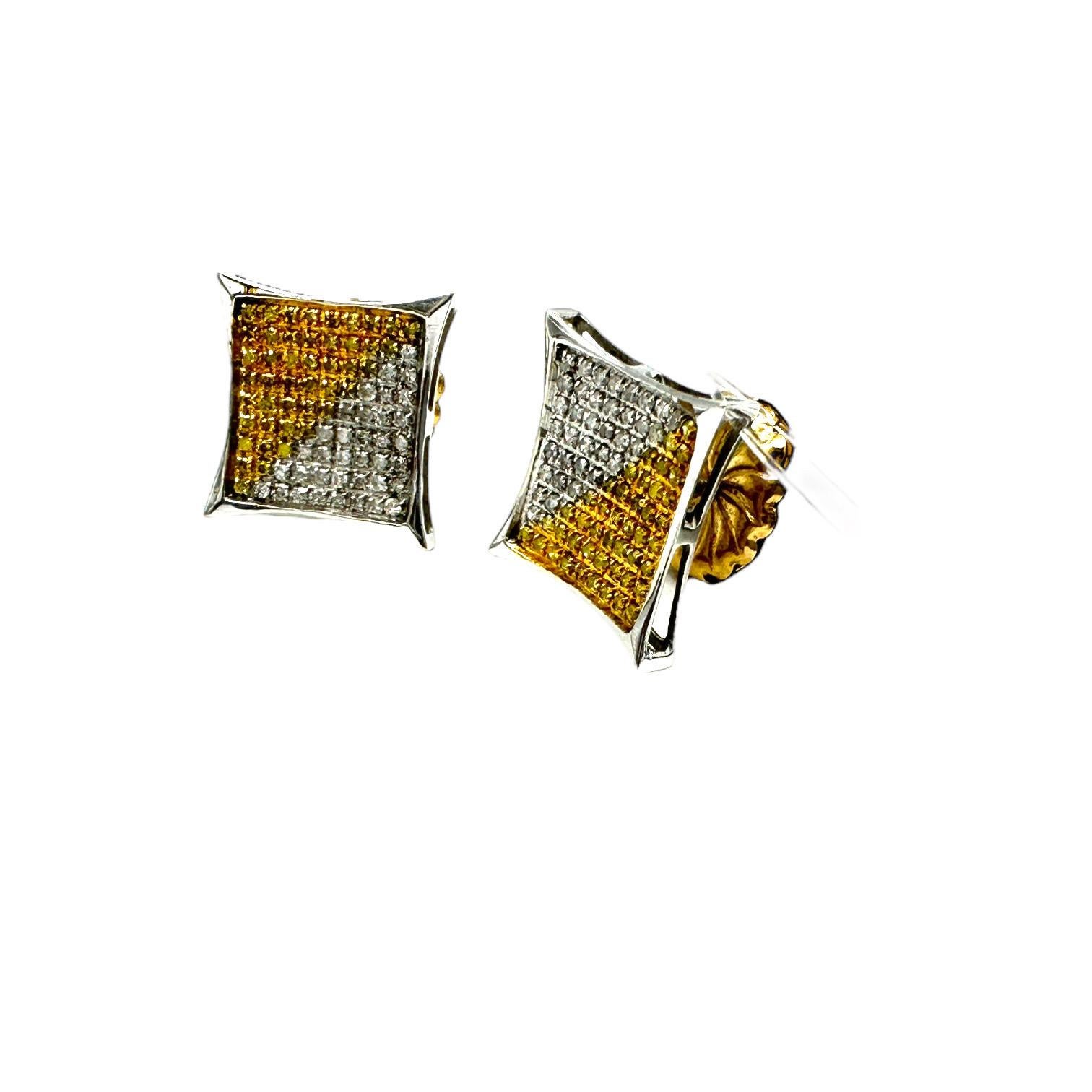Round Cut 14kt White Gold Yellow and White Diamond Pave Earrings .50 Carat For Sale