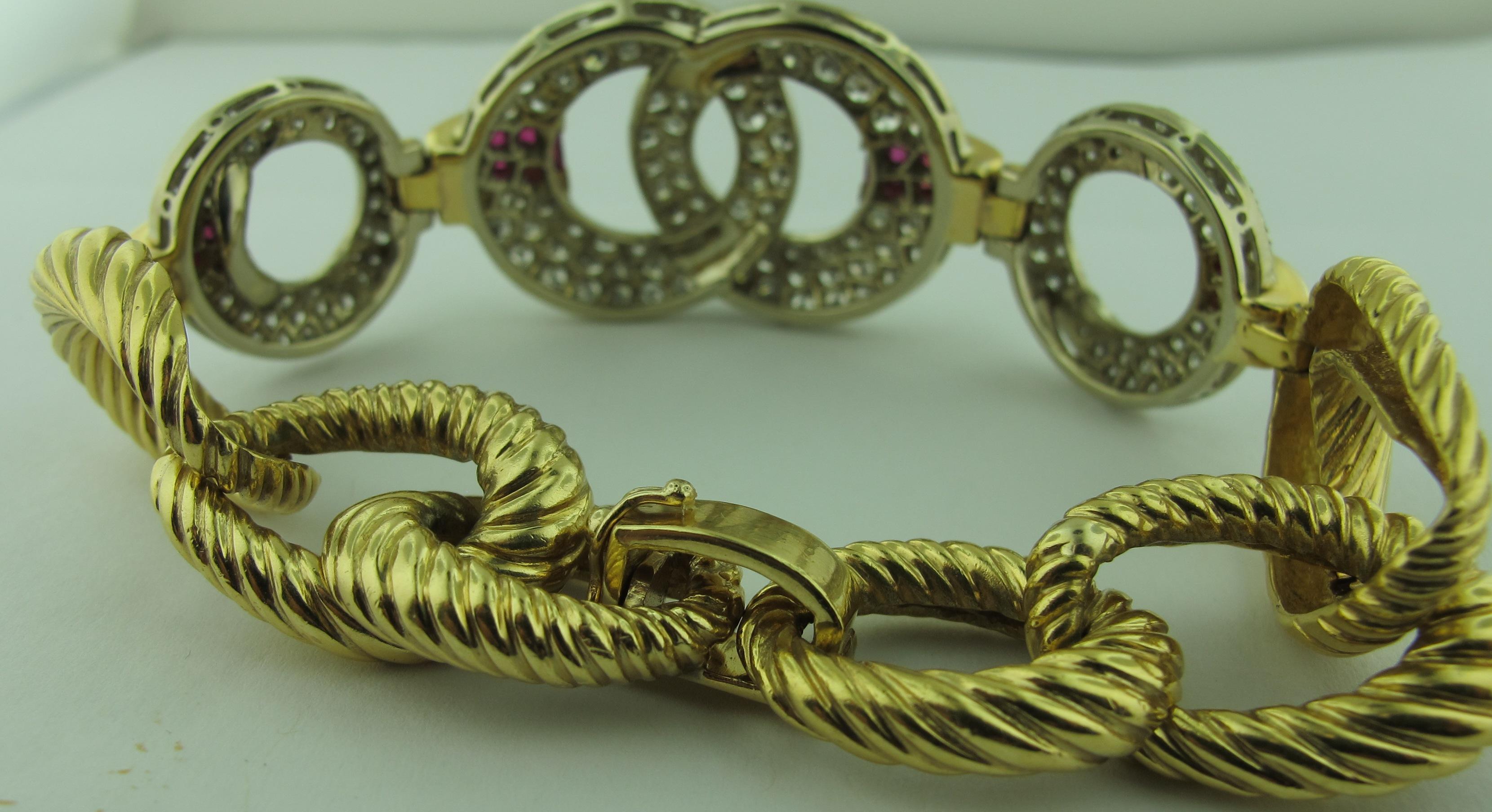 Diamond and Ruby Bracelet set in 14 karat white and yellow gold In Excellent Condition For Sale In Palm Desert, CA
