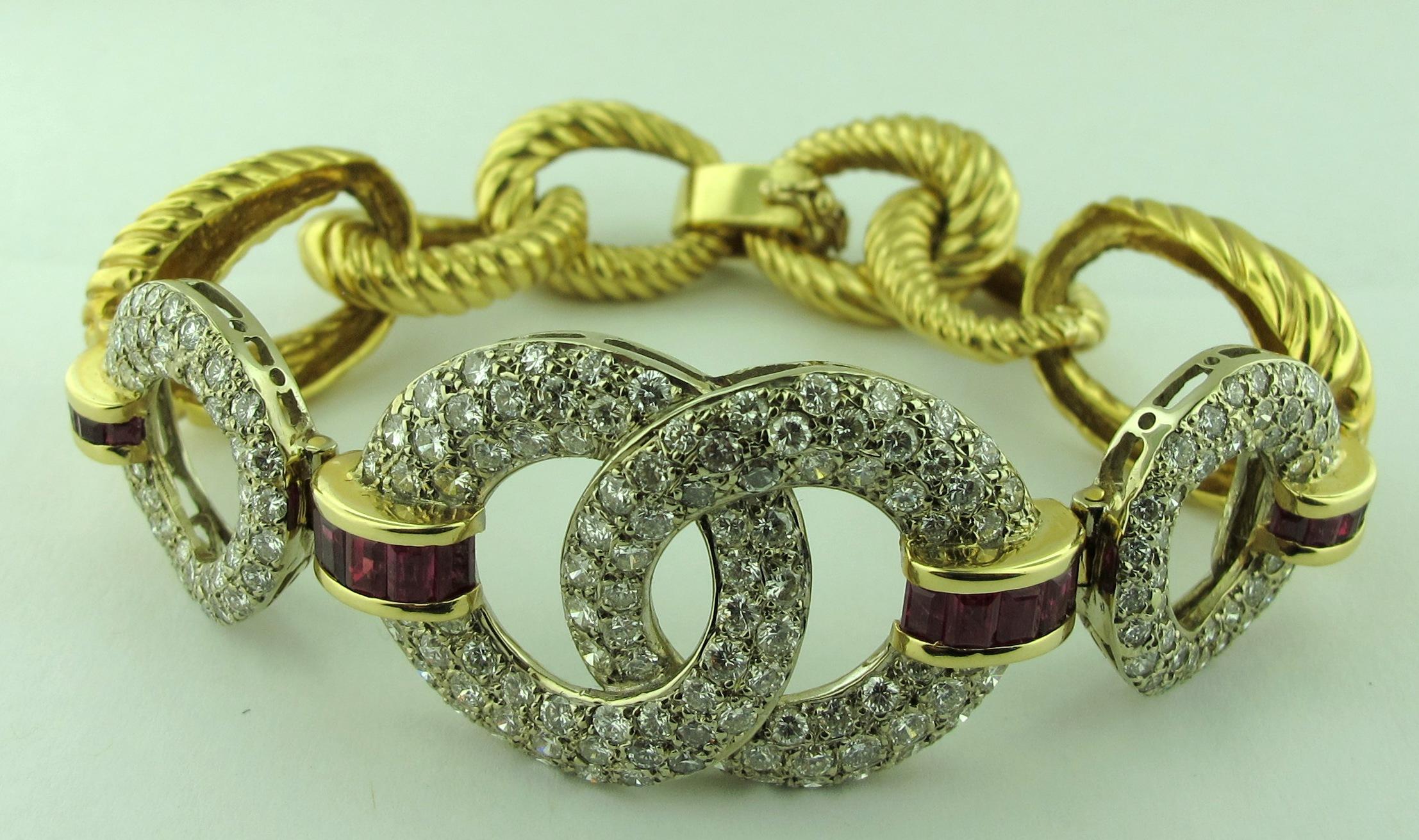 Diamond and Ruby Bracelet set in 14 karat white and yellow gold For Sale 1