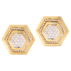 14k Yellow and White Gold Honeycomb-Shaped Pair of Earrings with Pave Diamonds
