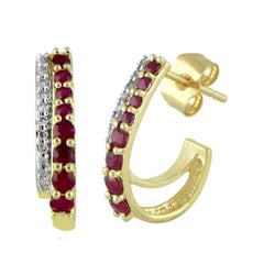 14 Karat Yellow Gold 1/10 Carat Diamond and Round Ruby Fashion Earrings